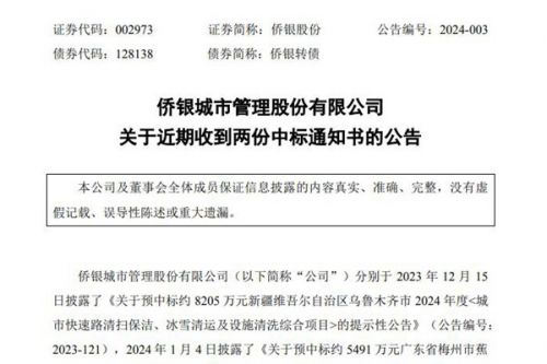 金额逾1.3亿！侨银股份收到两份中标通知书