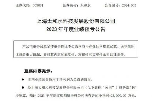 太和水：2023年净利预亏2.3亿元