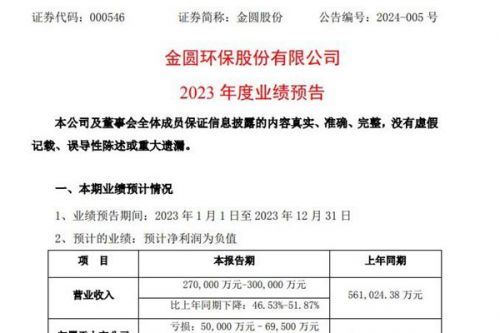 金圆环保股份：2023年净利润预计亏损5亿元-6.95亿元