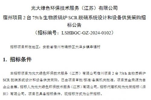 光大宿州项目拟采购2台75t/h生物质锅炉SCR脱硝系统
