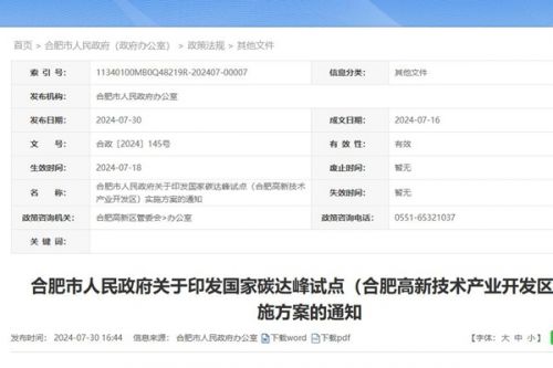 《国家碳达峰试点(合肥高新技术产业开发区)实施方案》印发