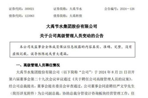 大禹节水同意聘任严文学先生为公司副总裁