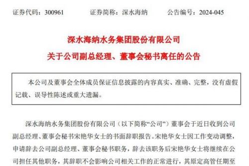 深水海纳副总经理、董事会秘书离任