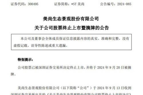 *ST美尚终止上市，今日摘牌