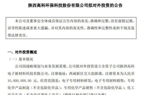 注册资本1000万，高科环保拟设立电子新材料公司