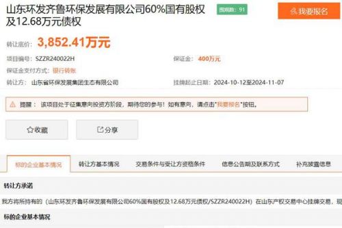 山东环发齐鲁环保发展有限公司60%国有股权及12.68万元债权挂牌转让