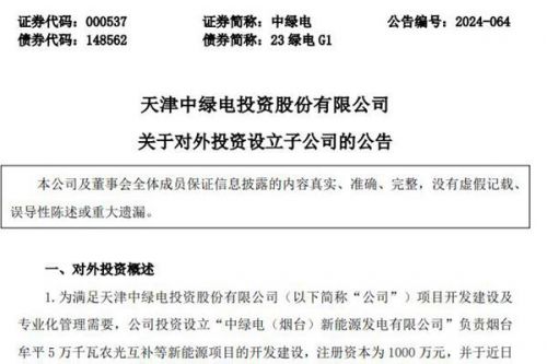 中绿电对外投资设立子公司