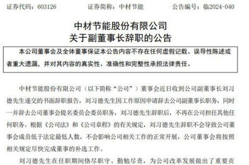 中材节能副董事长辞职
