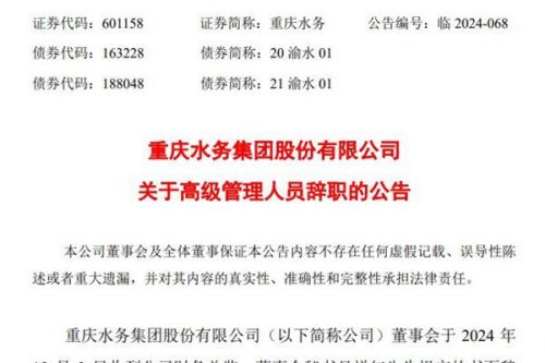 重庆水务高级管理人员辞职