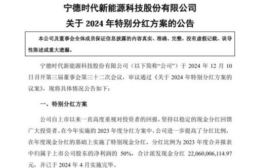 宁德时代2024年特别分红方案：每10股派发现金分红12.30元