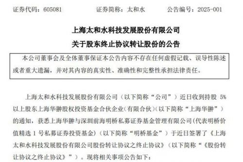 太和水：股东终止协议转让股份