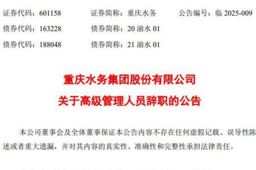 重庆水务副总经理辞职