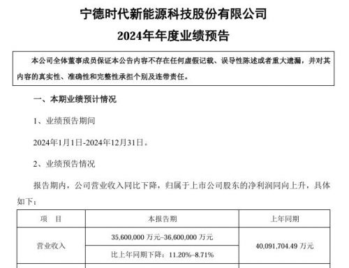 宁德时代：2024预计营收3560亿至3660亿，净利预计增长11%到20%