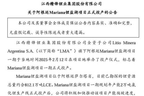 赣锋锂业：阿根廷Mariana锂盐湖项目正式投产