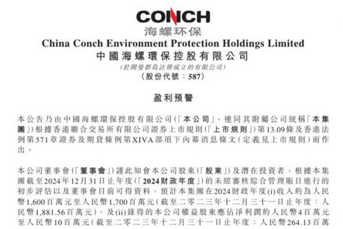 海螺环保：预计2024财政年度收入约为人民币16亿元至17亿元