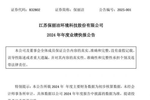 保丽洁：2024年净利润为2302万元，同比上升17.15%
