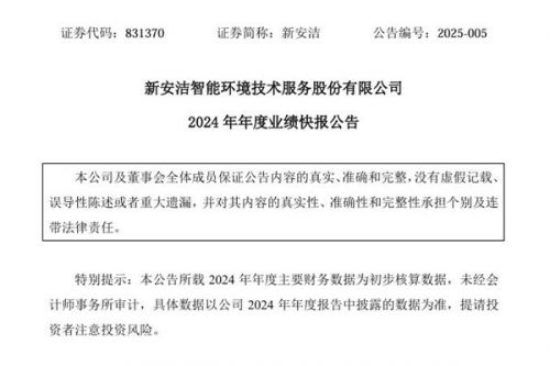 新安洁：2024年净利润－5094.41万元，同比增长6.23%