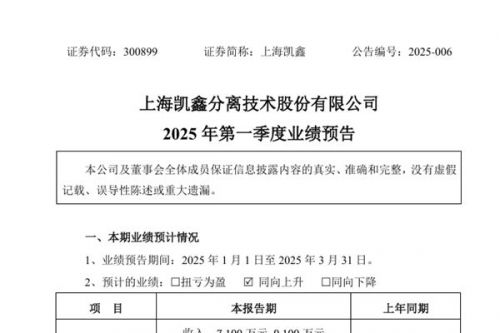 上海凯鑫：预计2025年一季度营业收入同比增长127.13%-191.11%