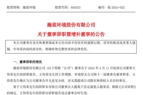 瀚蓝环境关于董事辞职暨增补董事的公告