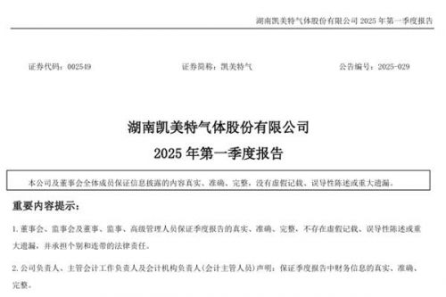 凯美特气：2025年第一季度营收约1.63亿元，同比增加13.79%