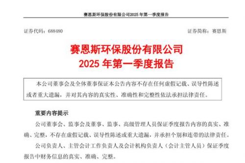 赛恩斯：2025年第一季度营业收入同比上升63.5%，净利润同比下降77.7%