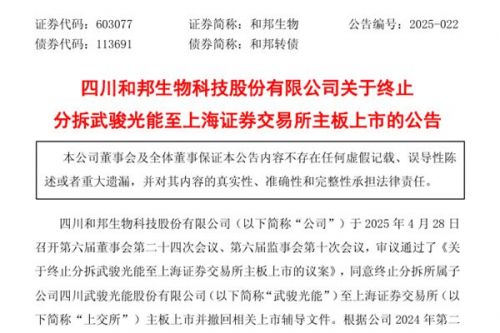 和邦生物终止分拆所属光伏子公司上市