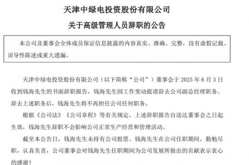 中绿电：高级管理人员辞职