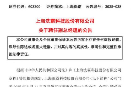 上海洗霸聘任副总经理