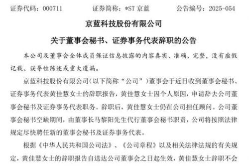 京蓝科技董事会秘书、证券事务代表辞职