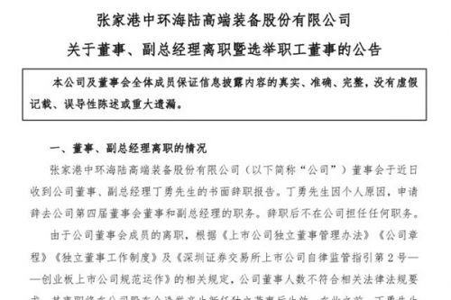中环海陆：董事、副总经理丁勇辞职，选举黄鑫先生担任公司第四届董事会职工董事