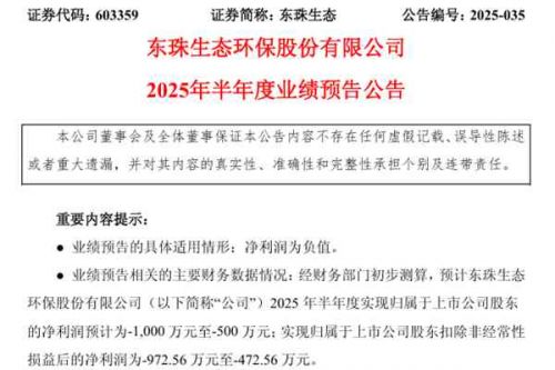 东珠生态：2025年上半年净利润预计亏损500万元-1000万元