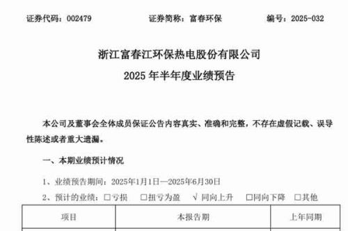 富春环保：预计2025年上半年净利润同比上升80%-110%