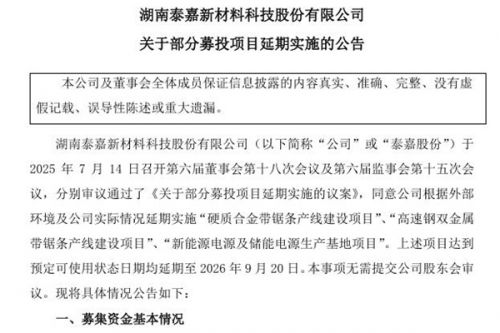 泰嘉股份：将“新能源电源及储能电源生产基地项目”达到预定可使用状态日期延期至2026年9月20日
