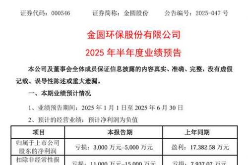 金圆股份：预计2025年上半年净利润亏损3000万元-5000万元