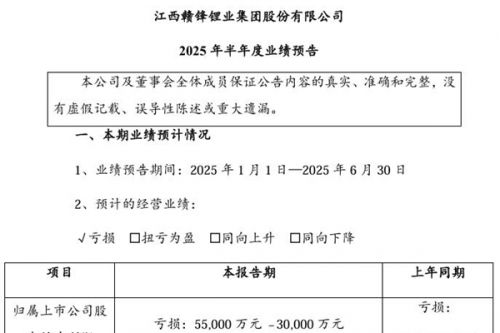 赣锋锂业：2025上半年预亏55,000万元 – 30,000万元