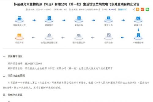 怀远县光大生物能源(怀远)有限公司(第一批)生活垃圾焚烧发电飞灰处置项目终止：第一中标候选人放弃中标资格