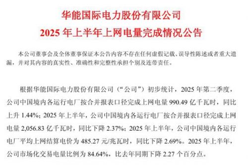 华能国际：上半年总体电量同比下降，新能源电量同比增长
