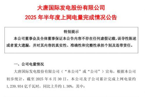 大唐发电：2025 年上半年，风电、光伏上网电量同比增长31.27%和36.35%