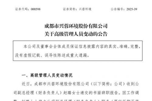 兴蓉环境副总经理、财务负责人辞职