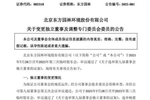 东方园林变更独立董事及调整专门委员会委员