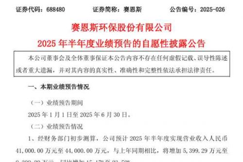 赛恩斯：预计上半年营收同比增长超15.17%，净利润同比下降超57.53%