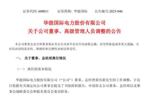 因工作调整，华能国际总经理辞职