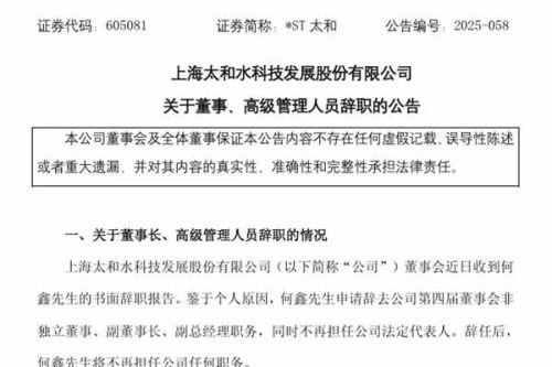 上任不到两个月时间 太和水95后副董事长辞职