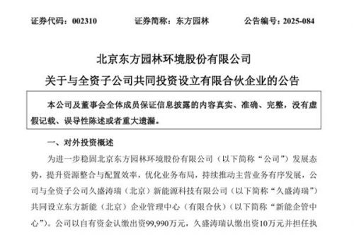 东方园林：拟出资近10亿与全资子公司联合成立东方新能