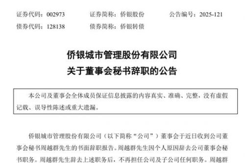 侨银股份董事会秘书辞职