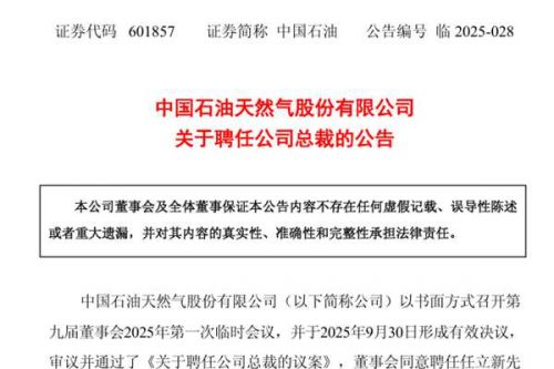 任立新任中国石油总裁