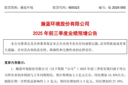 瀚蓝环境：预计前三季度净利润为16.05亿元，同比增加15.85%