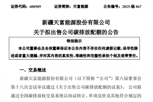 64万吨CEA！新疆天富能源关于拟出售公司碳排放配额的公告