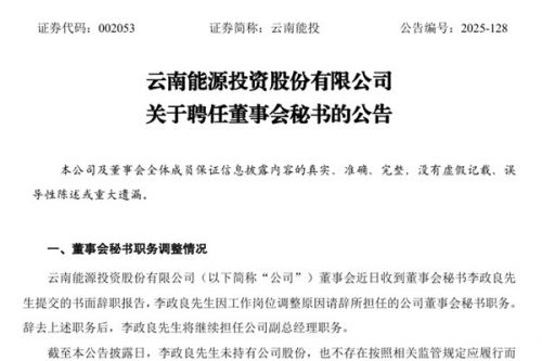 李政良请辞 云南能投“80后”新董秘上任