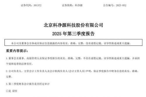 科净源：2025年前三季度净利润1597.18万元，同比扭亏为盈